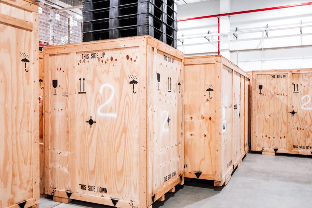 wooden packaging crates in warehouse